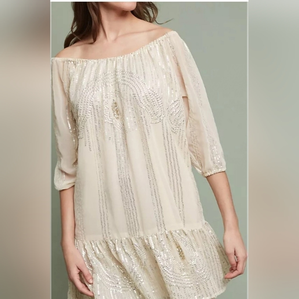 Carolina K women's Sequins off Shoulder Short Sleeve Swing Dress Size XS